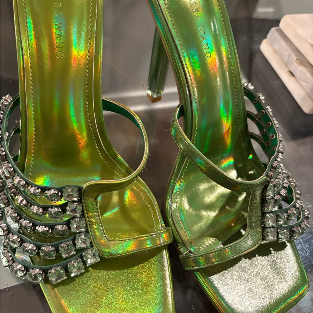 Vera Wang Iridescent Green Heels with Crystal Accents